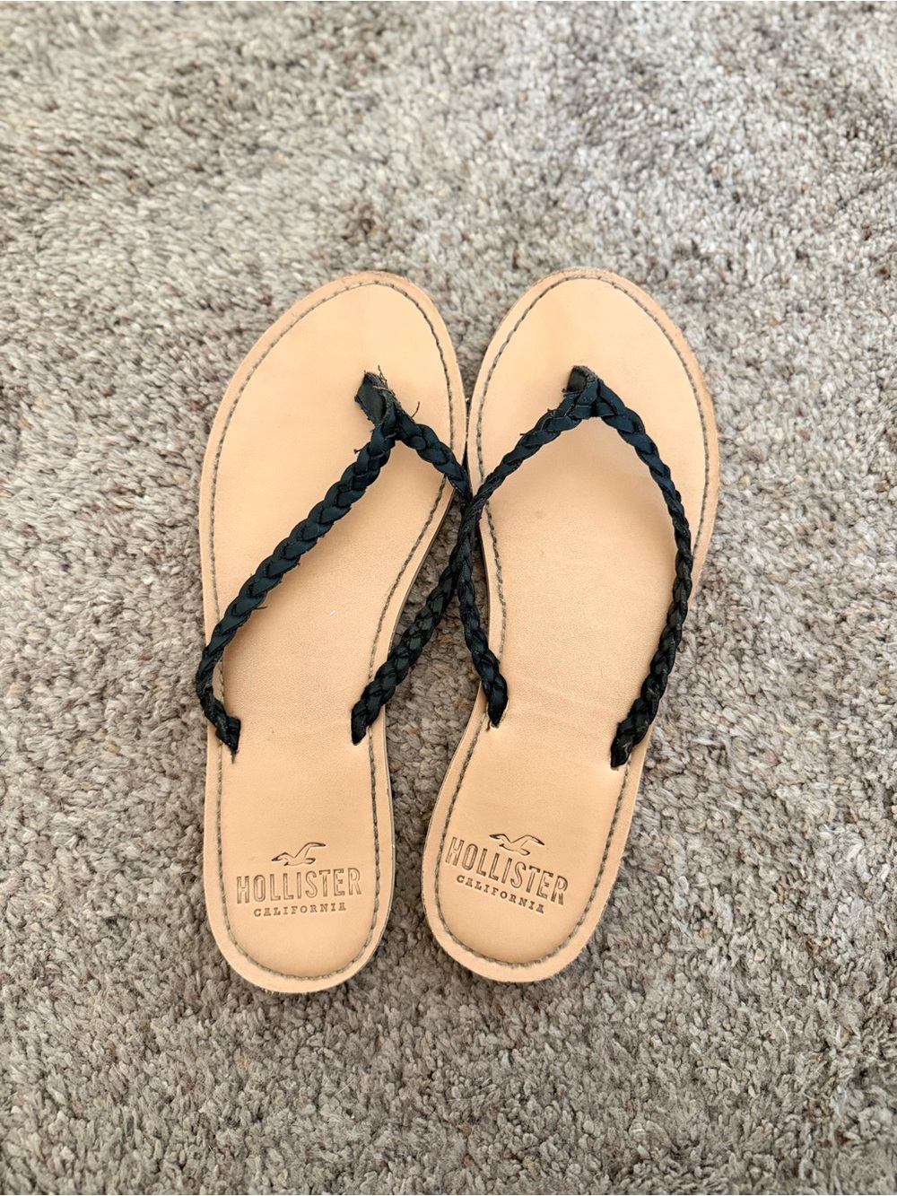 Hollister Tan Footbed Flip Sandals with Black Braided Straps